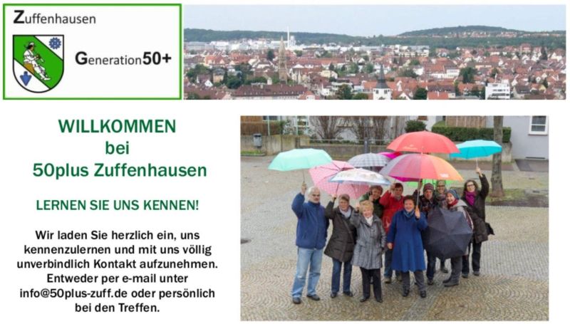 Das Bild zeigt das Logo der Gruppe sowie ein Gruppenbild der Gründer am Zehnthof - alle heben die Regenschirme hoch