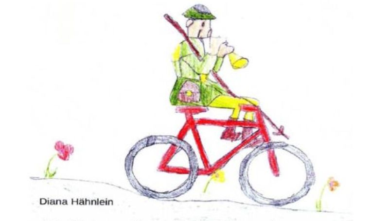 Das Bild zeigt das Logo der Fahrrad Offensieve Zuffenhausen. Ein von Kinderhand colorieten Zuffenhäuser Hirt auf einem roten Fahrrad.